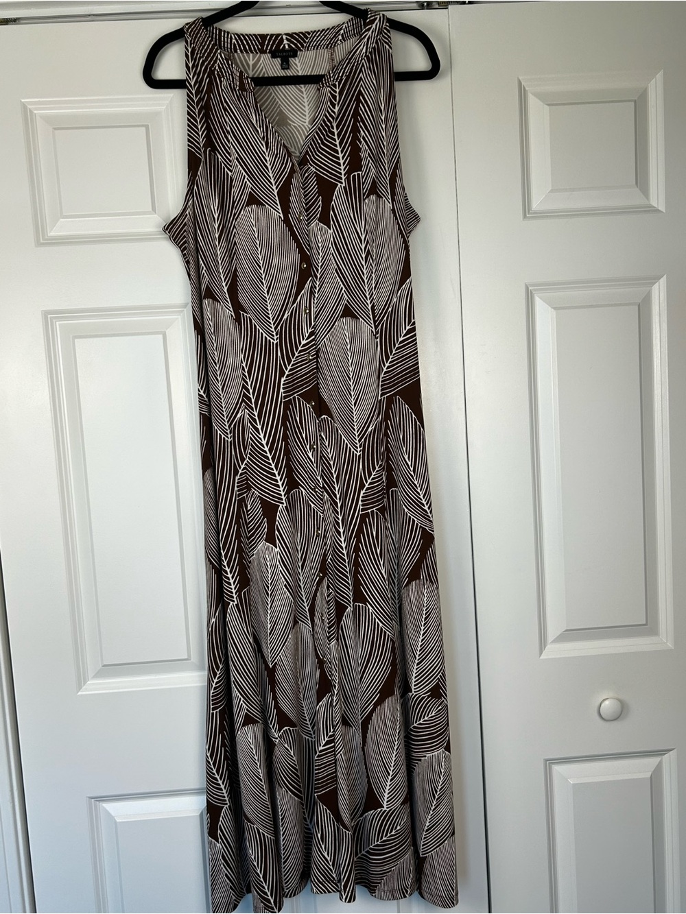 Talbots Brown and White Leaf-Print Maxi Dress